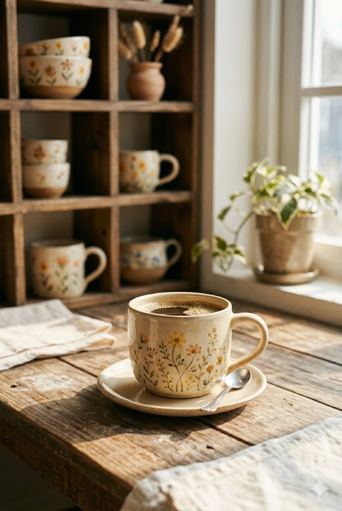 Ly Gốm Men Kem Vẽ Tay Họa Tiết Hoa Nhí - Thủ Công